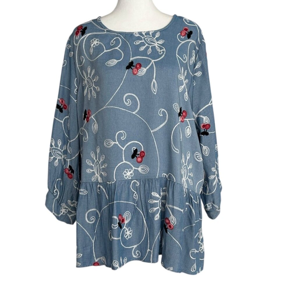 Ana & Rose Cherry Floral Embroidered Peplum Tunic‎ Top NWT (2X)